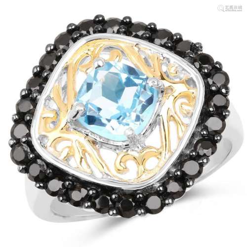 Two Tone Plated 2.85 Carat Genuine Swiss Blue Topaz and Black Spinel .925 Sterling Silver Ring (size 6)
