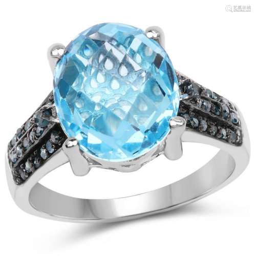 5.51 Carat Genuine Baby Swiss Blue Topaz and Blue Diamond .925 Sterling Silver Ring