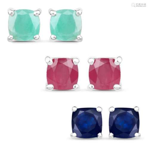 3.60 Carat Emerald, Glass Filled Ruby and Glass Filled Sapphire .925 Sterling Silver Earrings