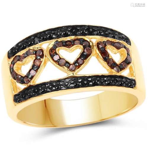 14K Yellow Gold Plated 0.32 Carat Genuine Black Diamond and Red Diamond .925 Sterling Silver Ring (size 7)