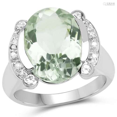 8.12 Carat Genuine Green Amethyst, White Topaz and White Diamond .925 Sterling Silver Ring (size 8)