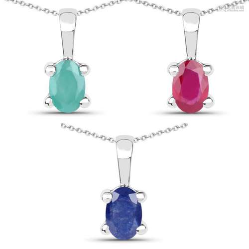 1.48 Carat Emerald, Glass Filled Ruby and Glass Filled Sapphire .925 Sterling Silver Pendant