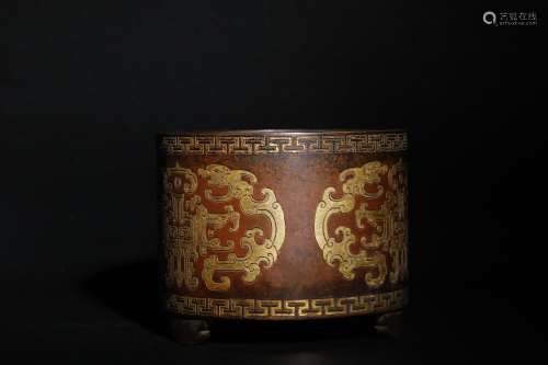 An dragon pattern gold-inlaying three feet copper