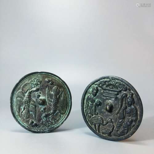 A Pair of Bronze mirror with crane & figure pattern