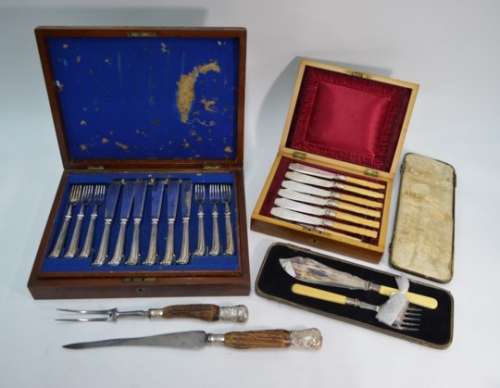 Boxed case of twelve electroplated fish knives and forks etc.