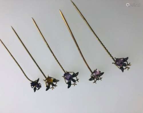 Five various insect stick pins set amethyst and citrine