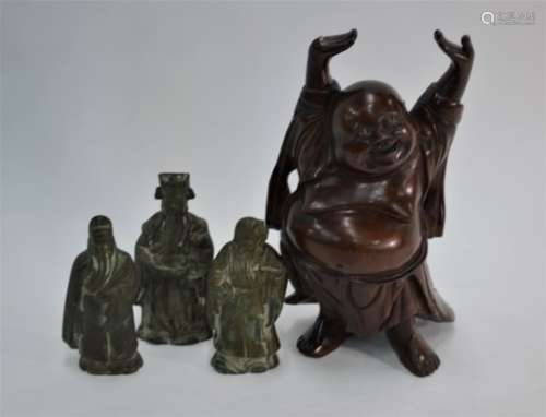 Three Chinese bronze figures of the Sanxing, late Qing to/w a hardwood figure of Hotei (4)