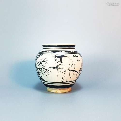 A Pot with Black figure design on a white ground,