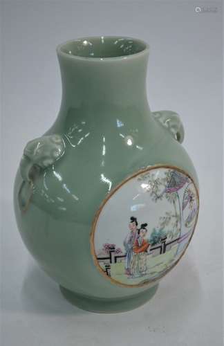 A Chinese celadon and famille rose vase, Qianlong six character mark