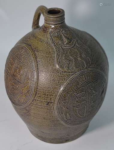 A 20th century salt-glazed masked Bellarmine flagon in the Tudor style