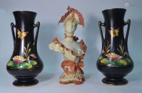 A Continental porcelain bust of a lady and two Art Nouveau vases