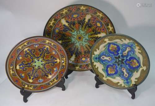 Three Gouda Rhodian pottery chargers decorated in the traditional style