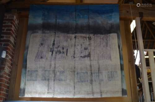 I.G., an interesting vintage wall hanging - abstract blue/grey/white scraffito/Batik