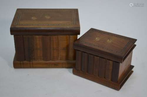 Two Jerusalem olive wood puzzle boxes as stacks of books