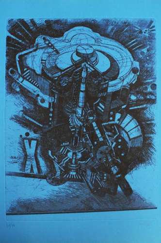 Artist 20th Century, composition, etching on blue …