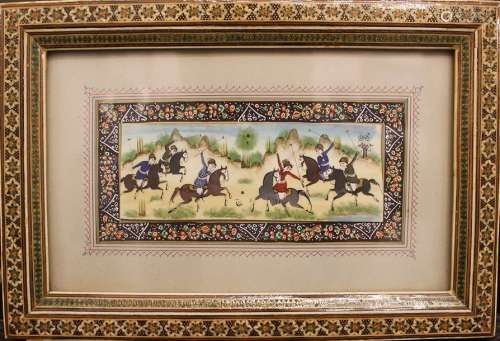 Persian miniature with horse riders, painted in wa…