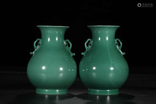 A Pair of Chinese Green Glazed Double-eared Porcelain Vases