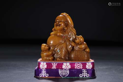 A Tianhuang Stone Children with Maitreya Sitting Statue Embedded with Gem