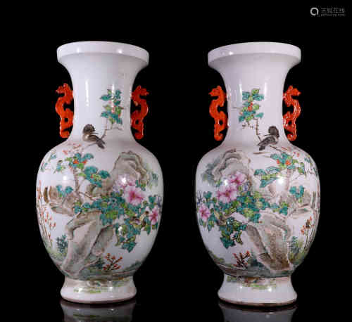 A Pair of Fine Powder Enamel Vases with Flowers and Birds