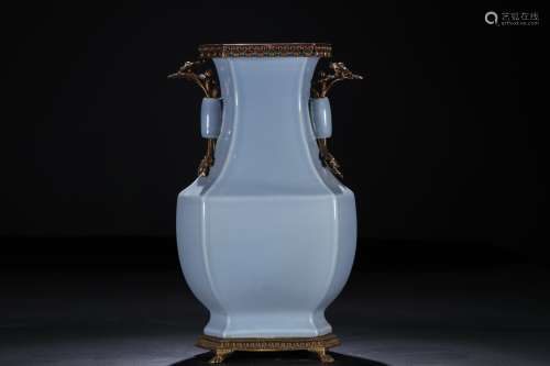 An Azure Glazed Porcelian Vase Inlaid with Copper Ornaments