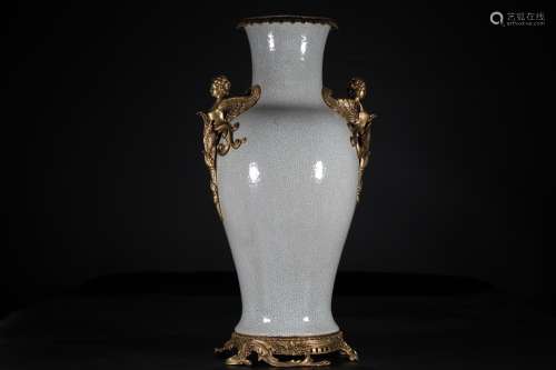 A Glazed Porcelian Vase Inlaid with Copper Ornaments