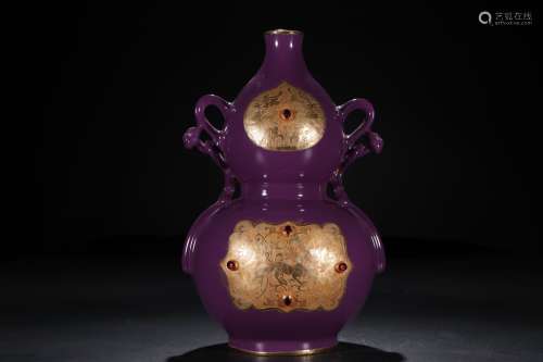 A Purple Glazed Gourd Shaped Vase Inlaid with Gold and Gems