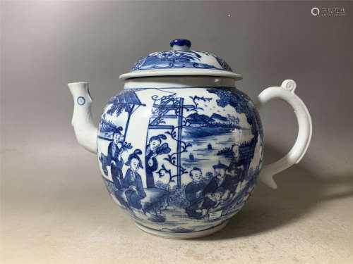 A Blue and White Figures Teapot