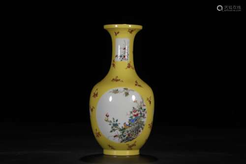 A Yellow Ground Famille Rose Bird and Flora Vase