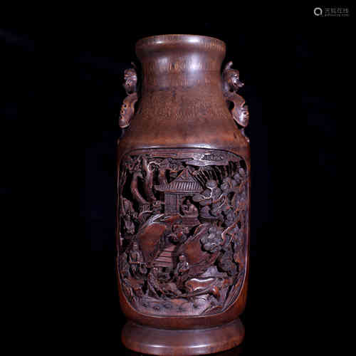 A Double-sized Landscape and Figural Wooden Vase