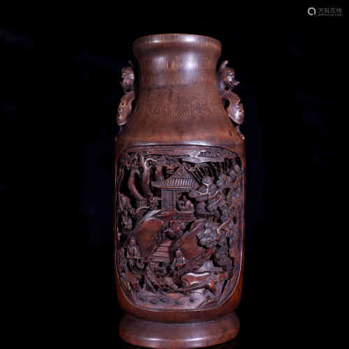 A Double-sized Landscape and Figural Wooden Vase