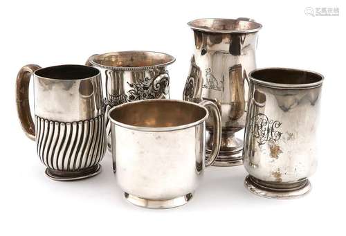 A small collection of five silver mugs, comprising…