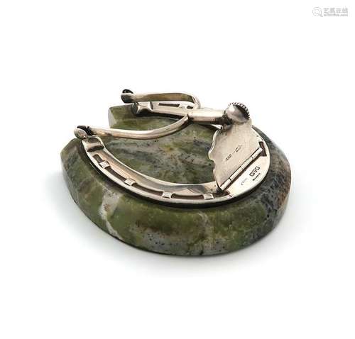 A silver mounted green hardstone desk paper clip, …