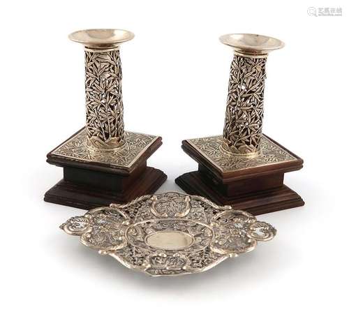 A pair of Chinese silver candlesticks, by Wang Hin…