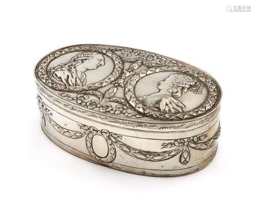 A German silver box, oval form, the hinged cover e…