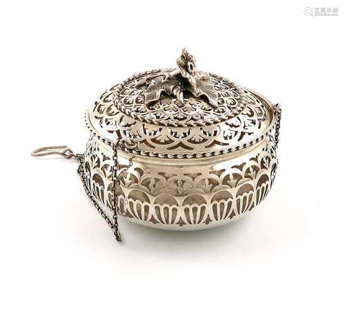 A silver hanging pot pourri pot and cover, by Elki…