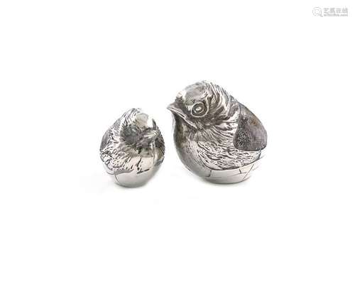 Two Edwardian novelty silver chick pin cushions, b…