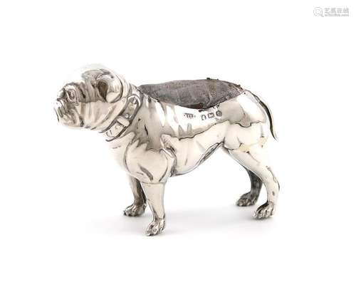 An Edwardian novelty silver bulldog pin cushion, b…