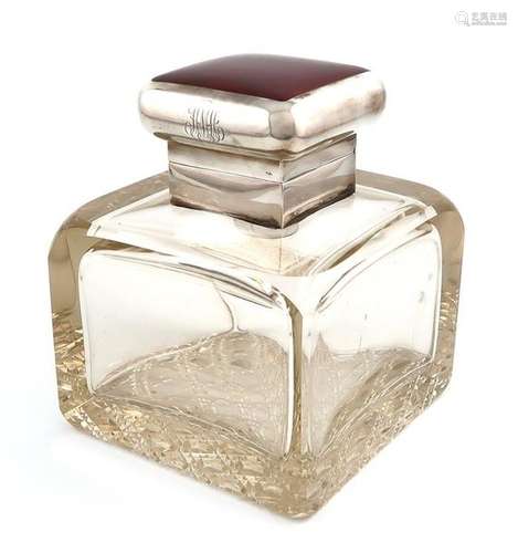 A large silver and enamel mounted glass inkwell, b…