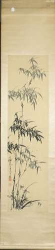 Kakemono. Bamboos. Wash in black ink. Stamps at th…