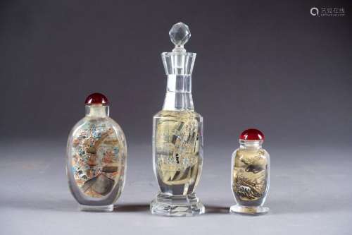 A Bottle and two Snuffboxes. Decorated with animat…