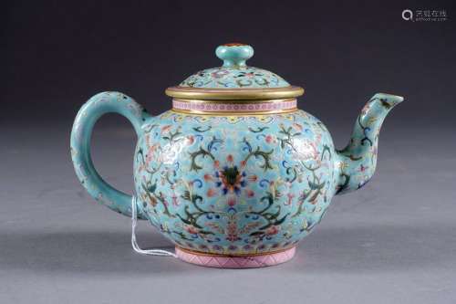 Teapot. With a turquoise blue background, in Chine…