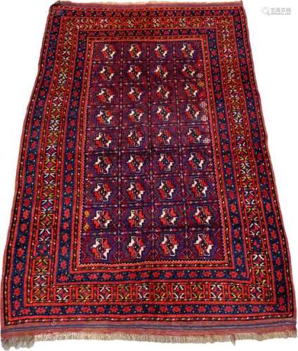 Bokhara Beshir rug. With four rows of medallions. …