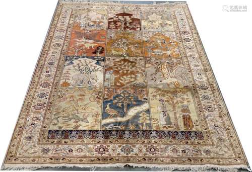 Oriental rug. It presents twelve figurative scenes…
