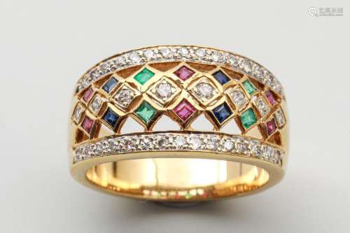 18k yellow gold band ring set with diamonds, rubie…