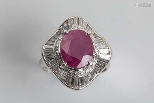 Platinum ring surmounted by a ruby of about 4.30 c…