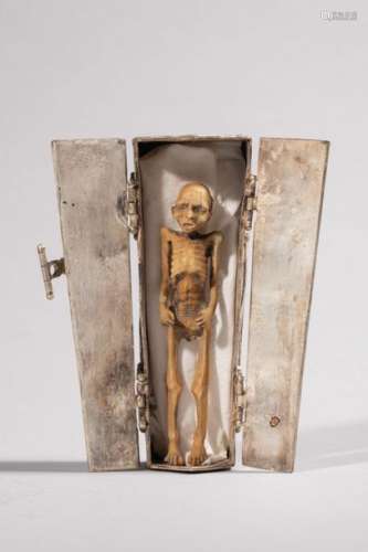 Vanity Carved bone skeleton, lying in a metal coff…