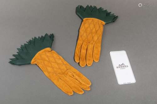 HERMES PARIS Pair of gold suede gloves with diamon…