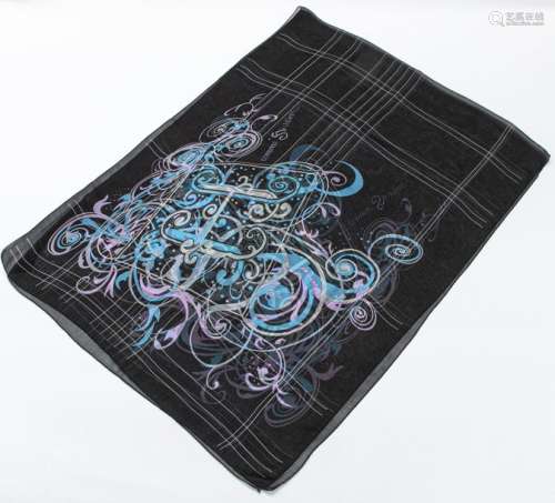 HERMES Scarf in black chiffon with blue and lilac …