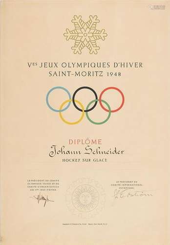 St. Moritz 1948 Winter Olympics Participation Diploma