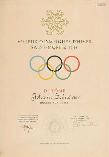 St. Moritz 1948 Winter Olympics Participation Diploma